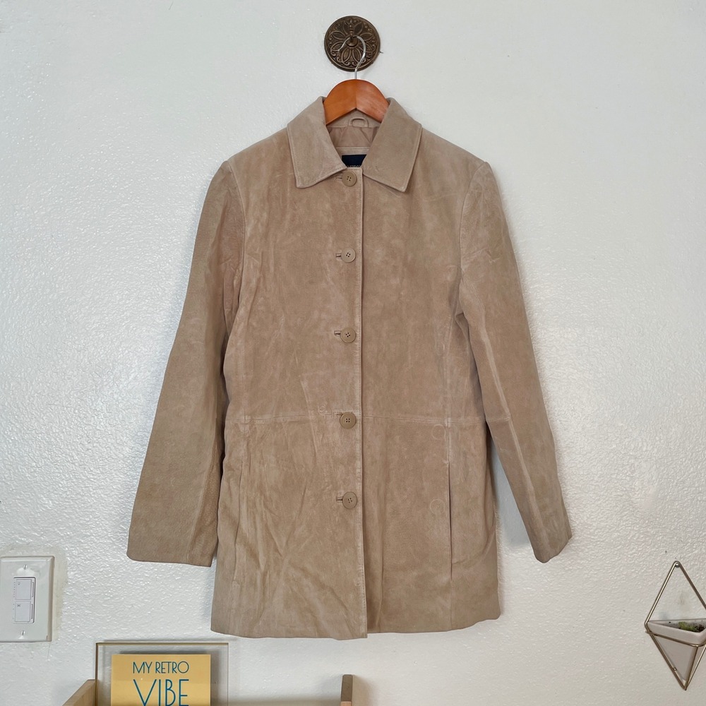 Bernardo Tan Suede Leather Jacket Womens Medium Beige Button Front Mid Coat
